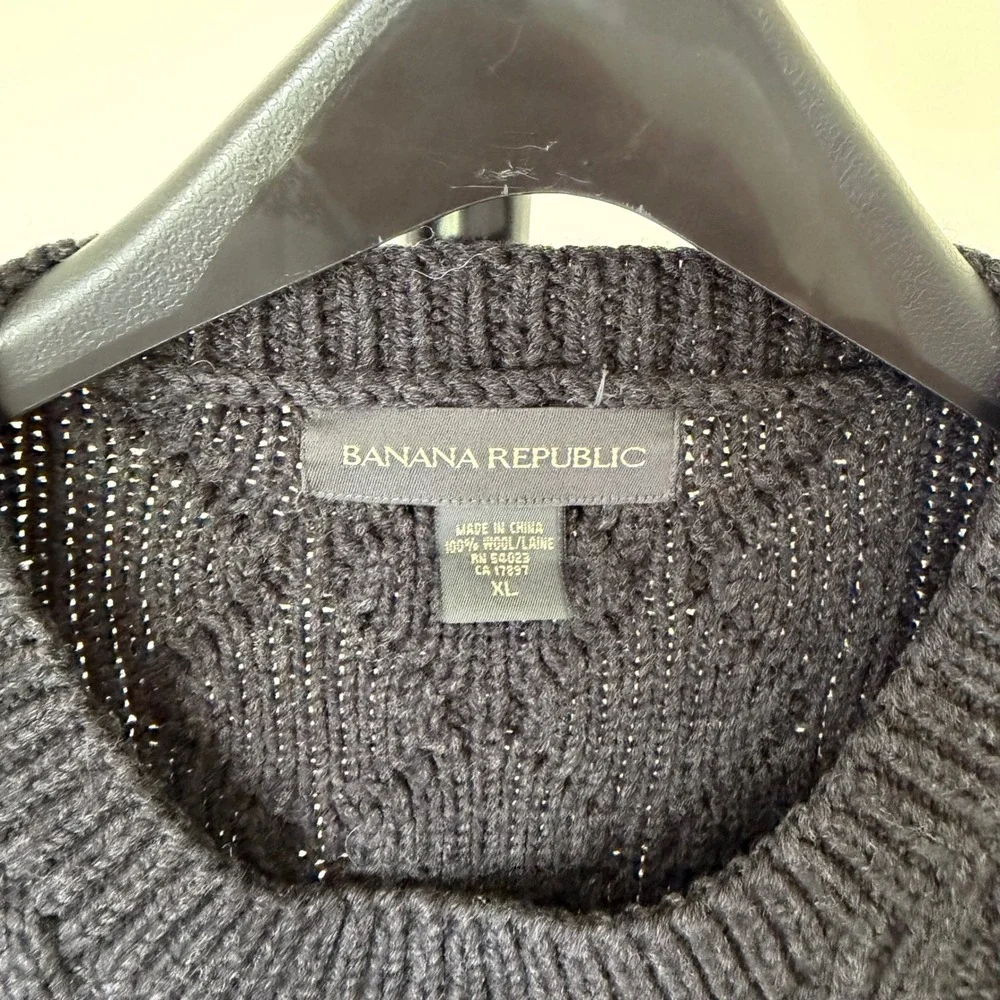 90's Banana Republic Mens XL Black 100% Wool Cable Knit Crewneck‎ Sweater